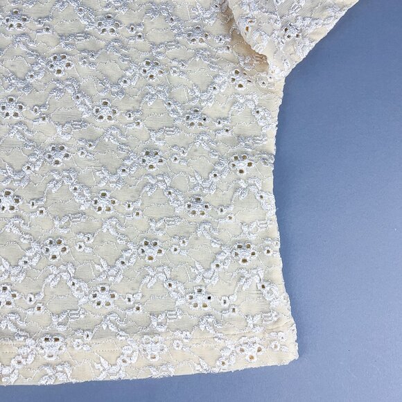 Lace Crop Top | Vintage Butter Yellow Floral Eyelet Lace Short Sleeve Shirt - Picture 2 of 7